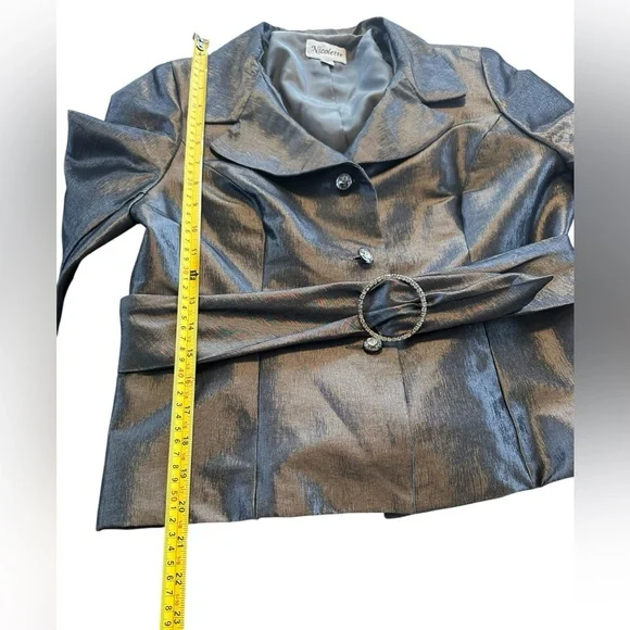 Nicolette Metallic Silver Evening Jacket Rhinestone Belt Formal Blazer 10 Medium - Picture 8 of 16